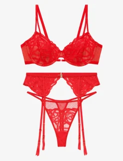 Rose Lace Unlined Demi Bra + Thong & Garter Set